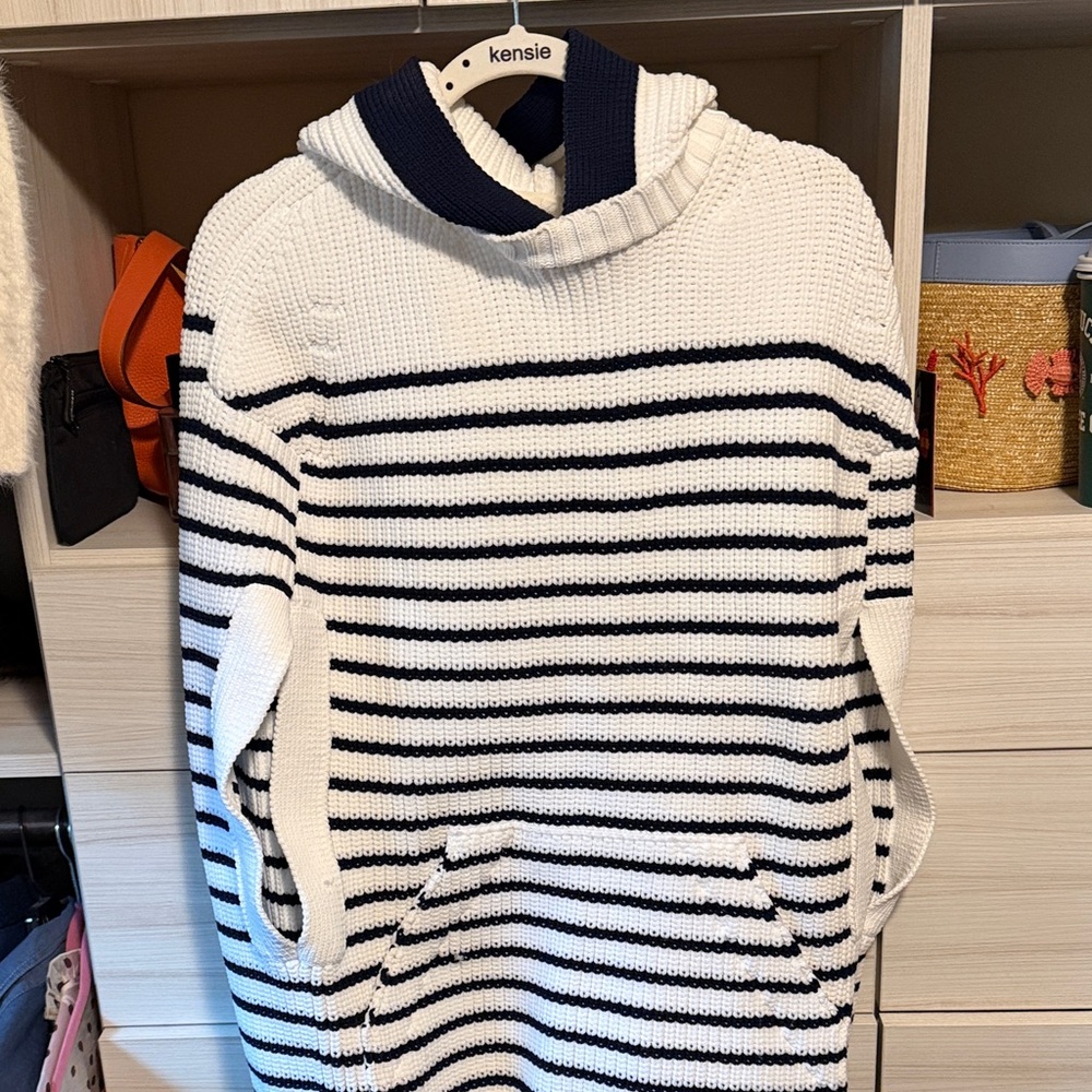 Kensie Navy and White Striped Women's Poncho Sweater